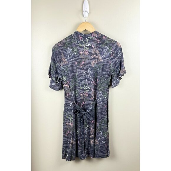 Allsaints Fay Paradeep Bird  Foliage Print Tie Back V Neck XS Mini Dress Button - Picture 2 of 13